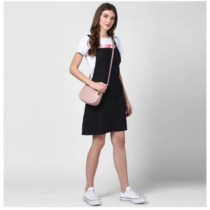 Generic Women's Denim Solid Shoulder Straps Above Knee Dungaree (Black)