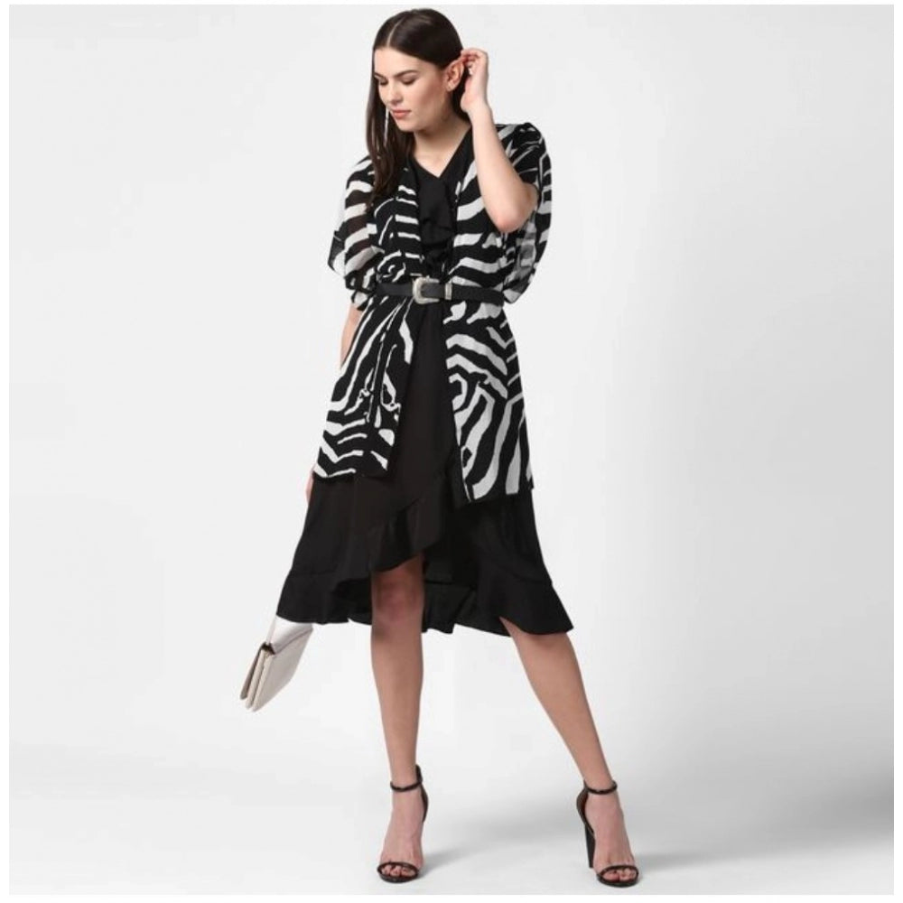 Generic Women's Polyester Printed Short Sleeve Shrug (Black)