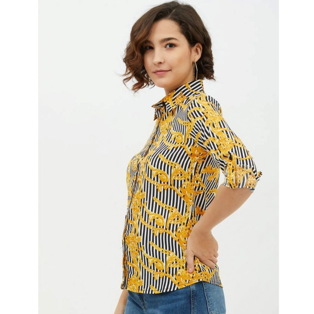 Generic Women's Polyester Printed Roll Up Sleeve Standard Length Shirt (Mustared)