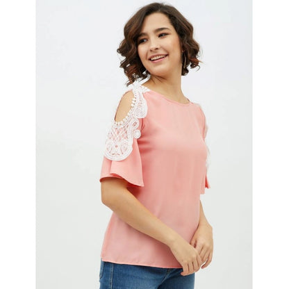 Generic Women's Polyester Lace Inserts Cold Shoulder Top (Pink)