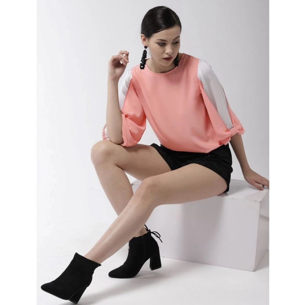 Generic Women's Polyester Colour Block Slit Sleeve Top (Pink)