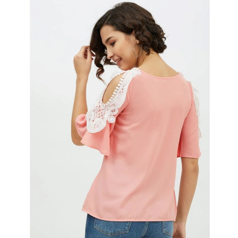 Generic Women's Polyester Lace Inserts Cold Shoulder Top (Pink)