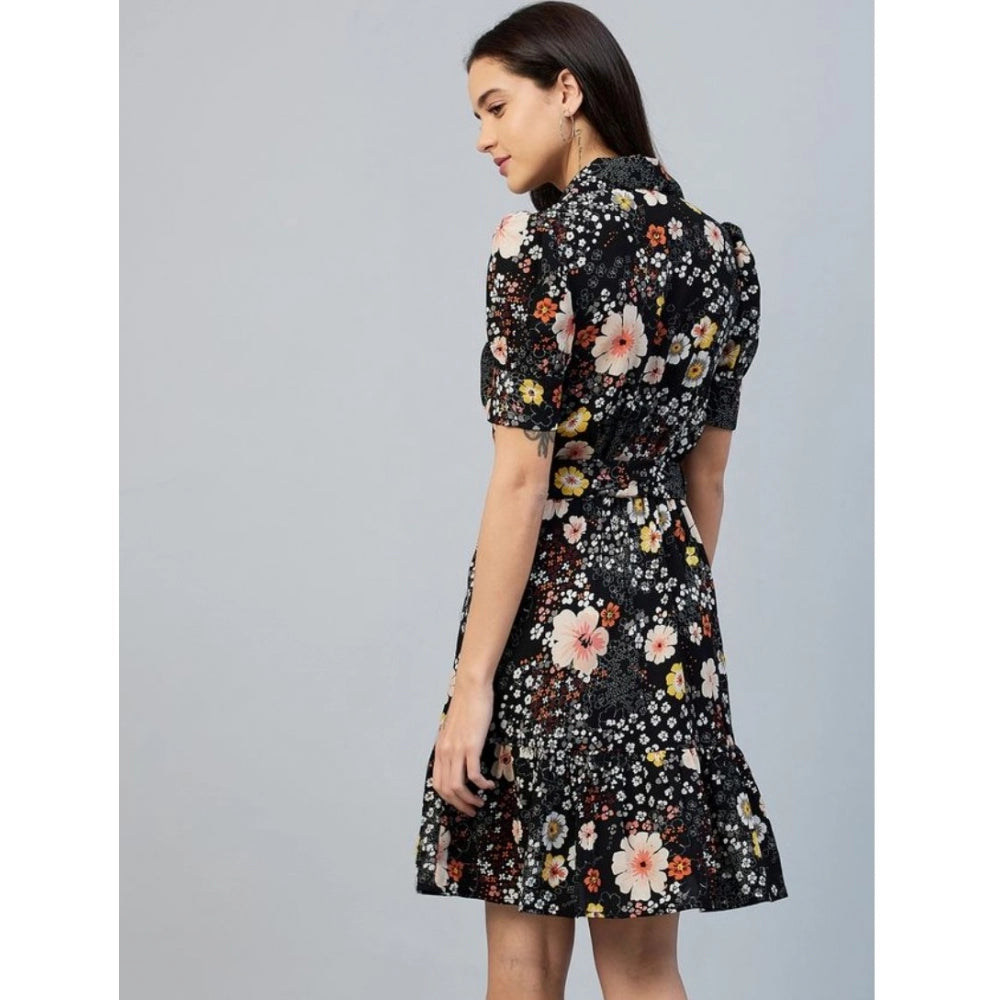Generic Women's Polyester Floral Short Sleeve Above Knee Dress (Black)