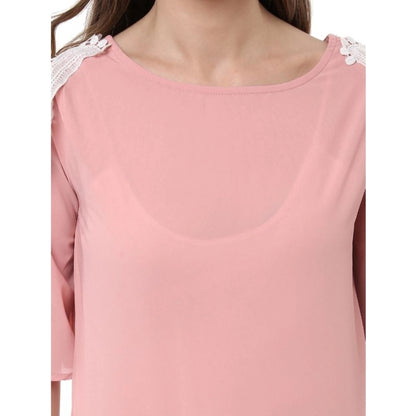 Generic Women's Polyester Lace Inserts Half Sleeve Top (Pink)