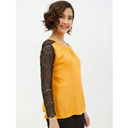 Generic Women's Rayon Lace Inserts Long Sleeves Top (Yellow)