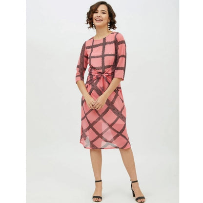 Generic Women's Polyester Checkered 3-4th Sleeves Below Knee Dress (Pink)