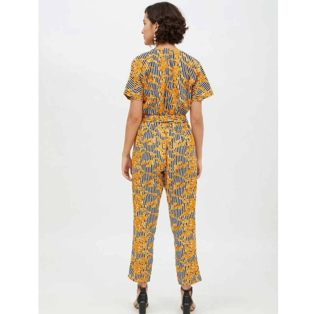 Generic Women's Polyester Printed Half Sleeve Long Jumpsuit (Yellow)