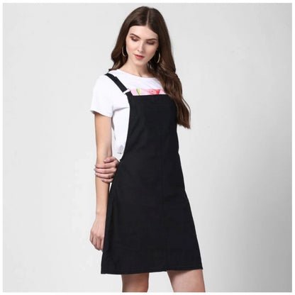 Generic Women's Denim Solid Shoulder Straps Above Knee Dungaree (Black)
