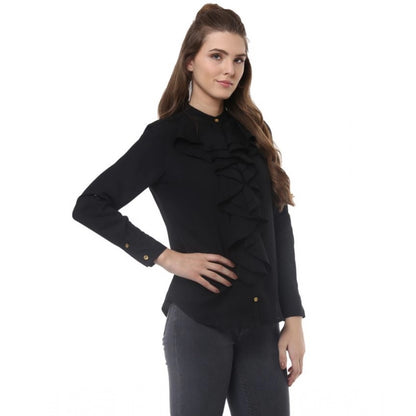 Generic Women's Polyester Ruffled Long Sleeves Top (Black)