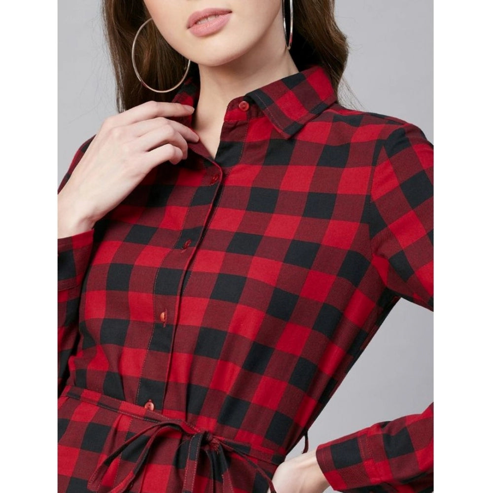 Generic Women's Cotton Checkered Long Sleeves Above Knee Dress (Red - Black)