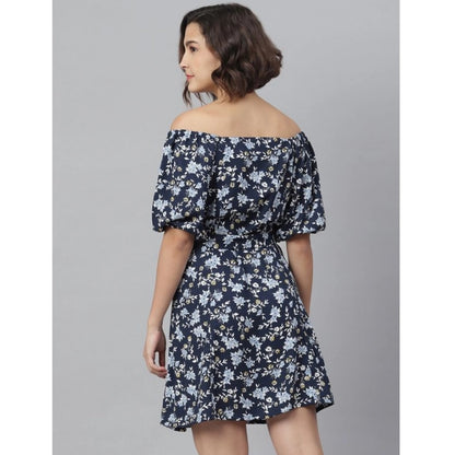 Generic Women's Polyester Off Shoulder Half Sleeve Above Knee Dress (Blue)