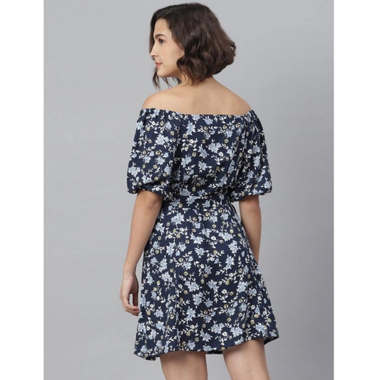 Generic Women's Polyester Off Shoulder Half Sleeve Above Knee Dress (Blue)