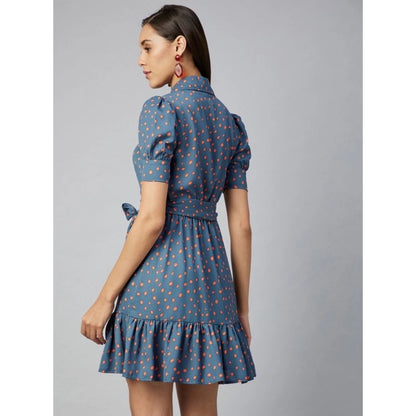 Generic Women's Polyester Polka Short Sleeve Above Knee Dress (Grey - Coral)