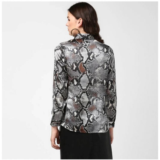 Generic Women's Satin Animal Print Long Sleeves Standard Length Shirt (Black - Grey)