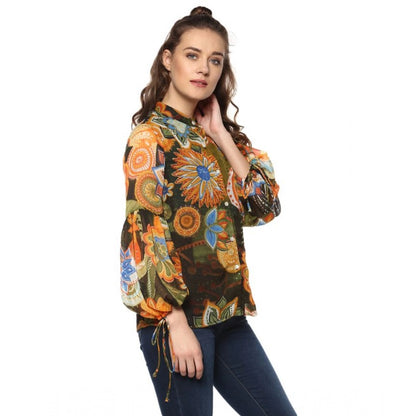 Generic Women's Polyester Floral Balloon Sleeve Top (Mustard - Olive)