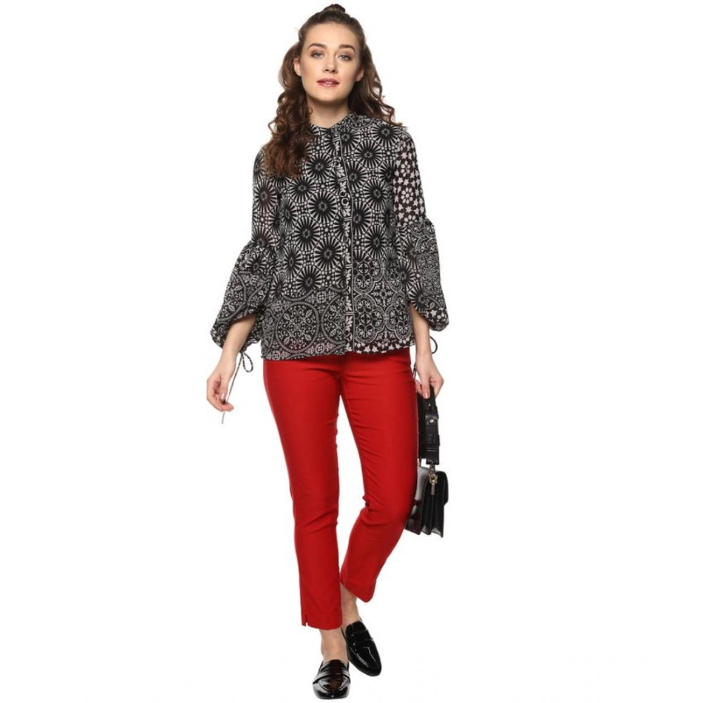 Generic Women's Polyester Printed Balloon Sleeve Top (Black - White)