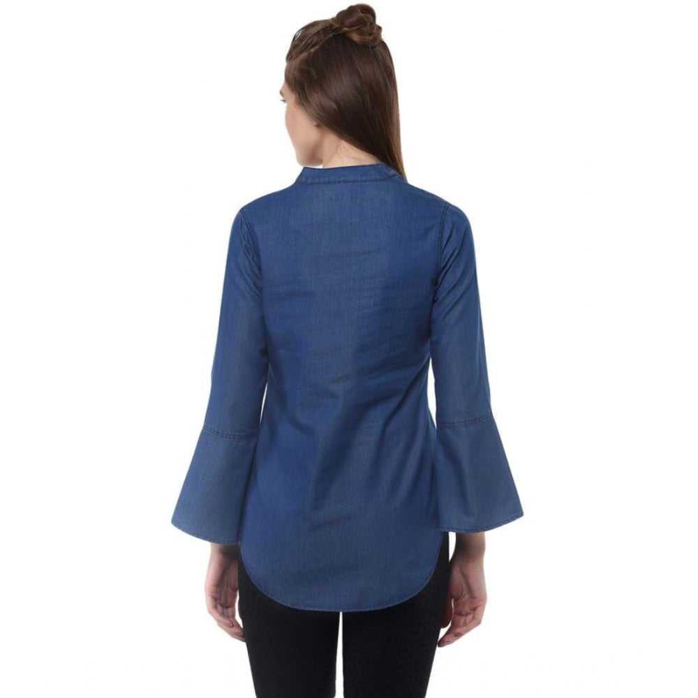 Generic Women's Denim Solid Bell Sleeve Regular Top (Blue Denim)
