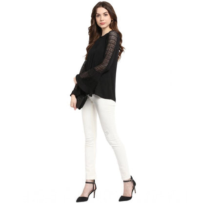 Generic Women's Polyester Georgette Self Design Bell Sleeve Regular Top (Black)