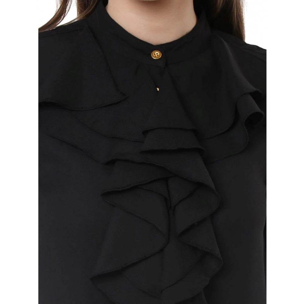 Generic Women's Polyester Ruffled Long Sleeves Top (Black)