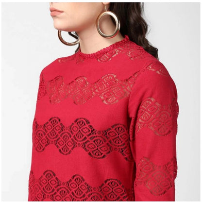 Generic Women's Cotton Self Design Long Sleeves Top (Maroon)