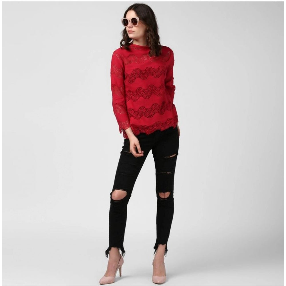 Generic Women's Cotton Self Design Long Sleeves Top (Maroon)