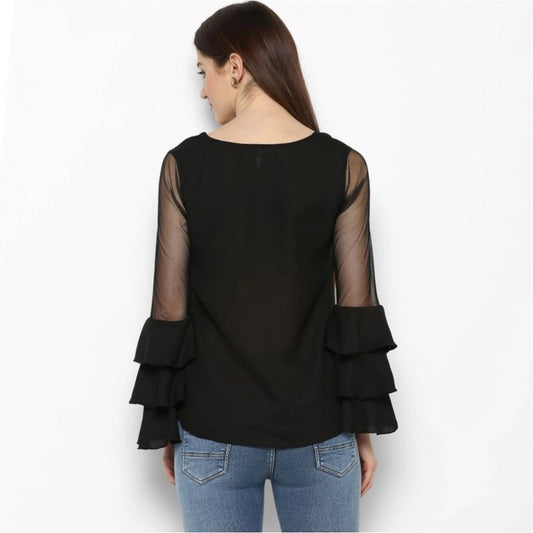 Generic Women's Polyester Solid Tier Sleeve Top (Black)