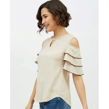Generic Women's Polyester Tiered Cold Shoulder Top (Beige)