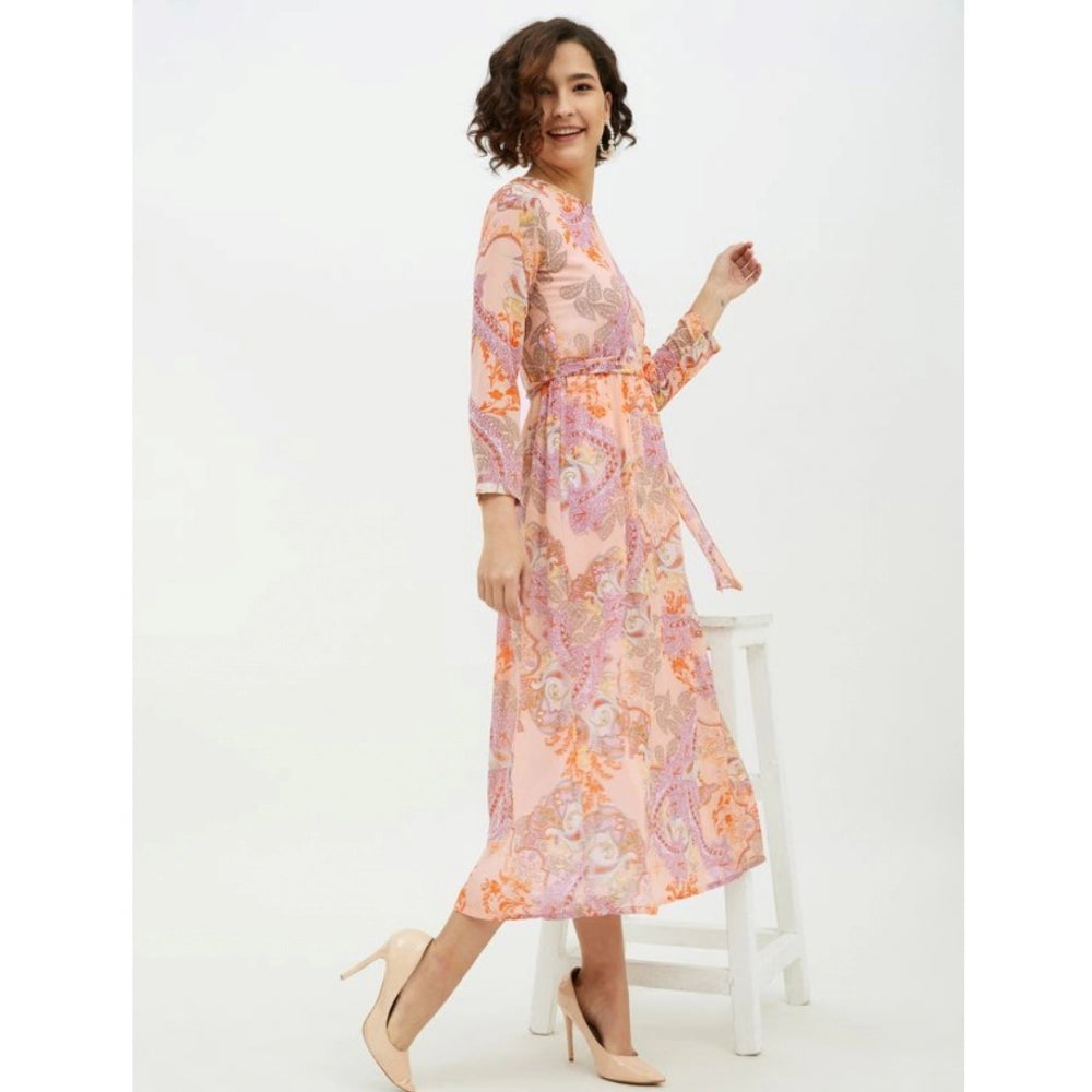 Generic Women's Polyester Printed Long Sleeves Calf-length Dress (Multicolor)