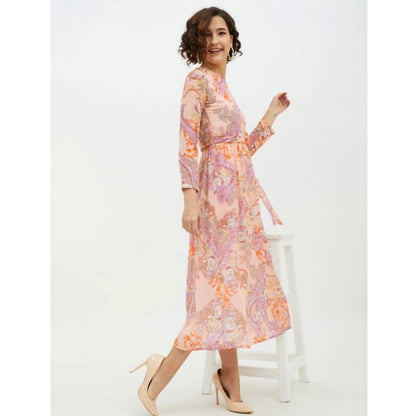 Generic Women's Polyester Printed Long Sleeves Calf-length Dress (Multicolor)
