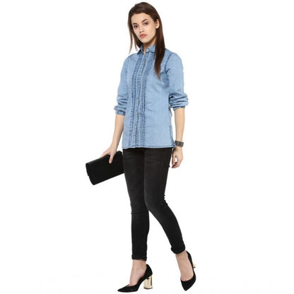 Generic Women's Denim Solid 3-4th Sleeves Standard Length Shirt (Blue)