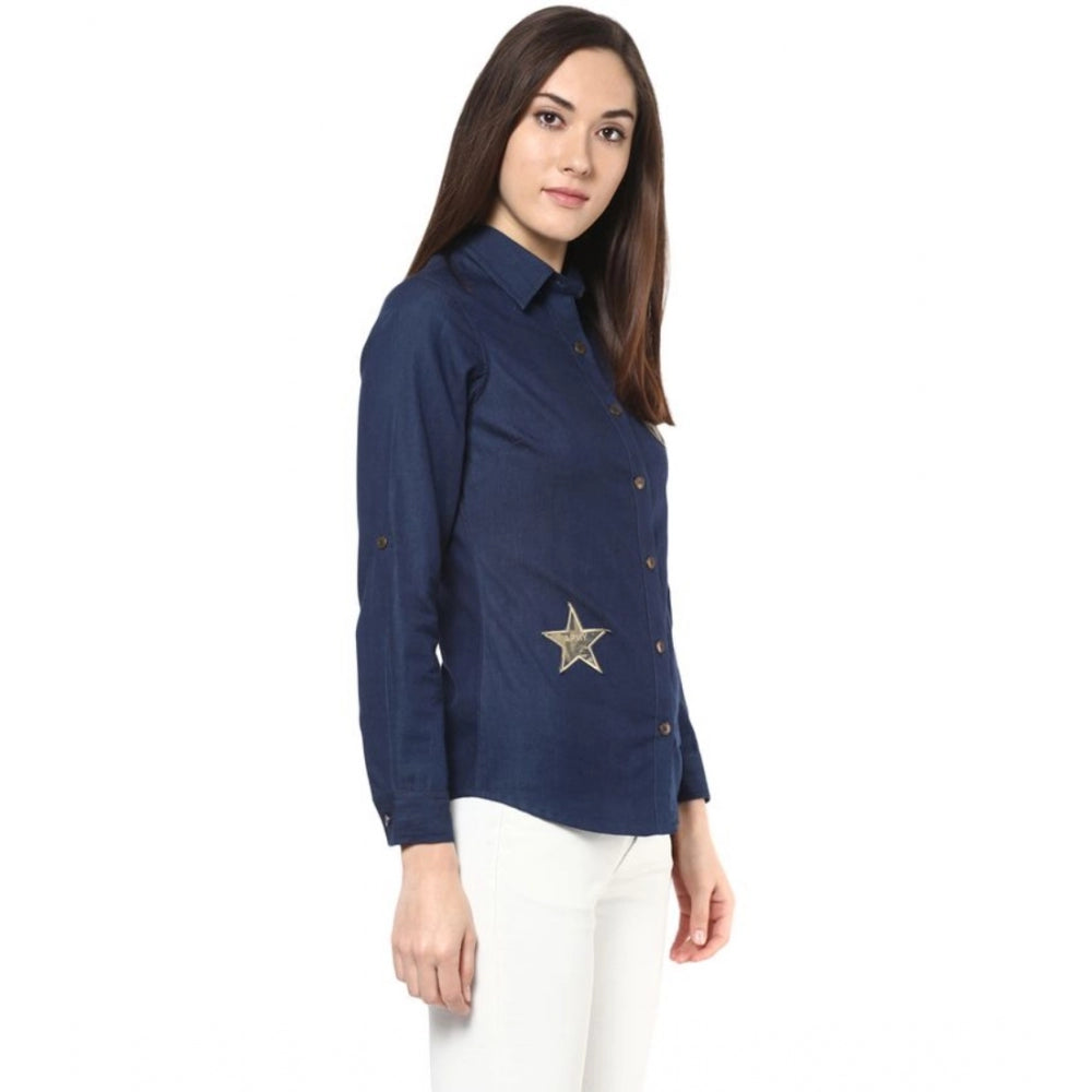 Generic Women's Denim Patch Work Long Sleeves Standard Length Shirt (Blue)
