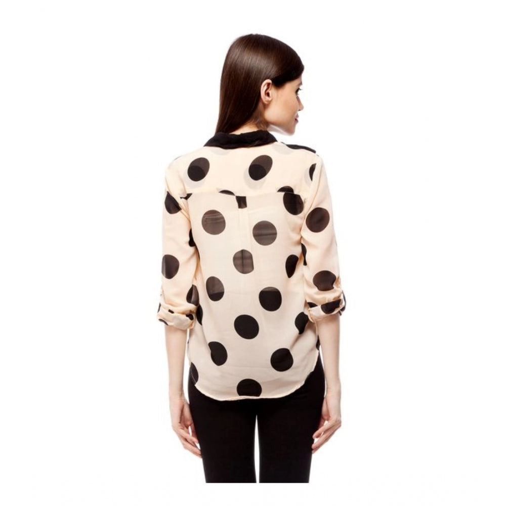 Generic Women's Polyester Polka Roll Up Sleeve Standard Length Shirt (Peach)