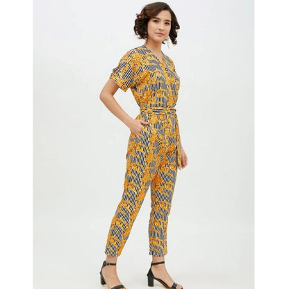 Generic Women's Polyester Printed Half Sleeve Long Jumpsuit (Yellow)