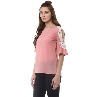 Generic Women's Polyester Lace Inserts Half Sleeve Top (Pink)