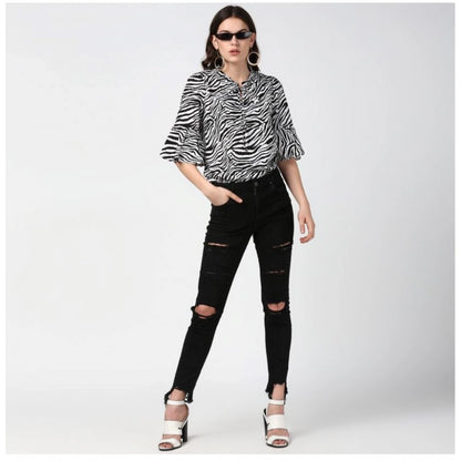 Generic Women's Polyester Animal Print Bell Sleeve Top (Black - White)
