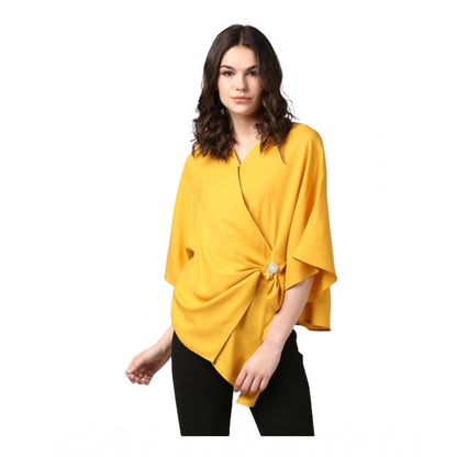 Generic Women's Polyester Solid Cape Sleeve Top (Yellow)