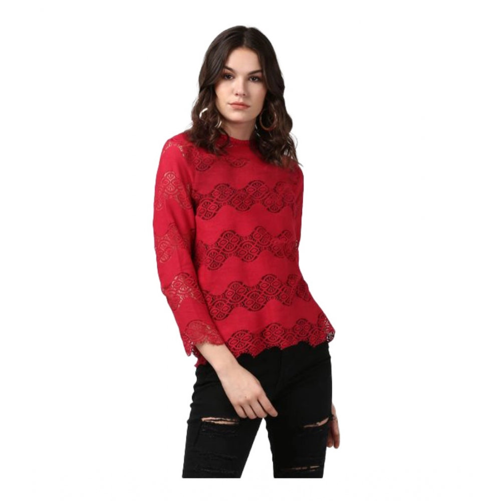 Generic Women's Cotton Self Design Long Sleeves Top (Maroon)