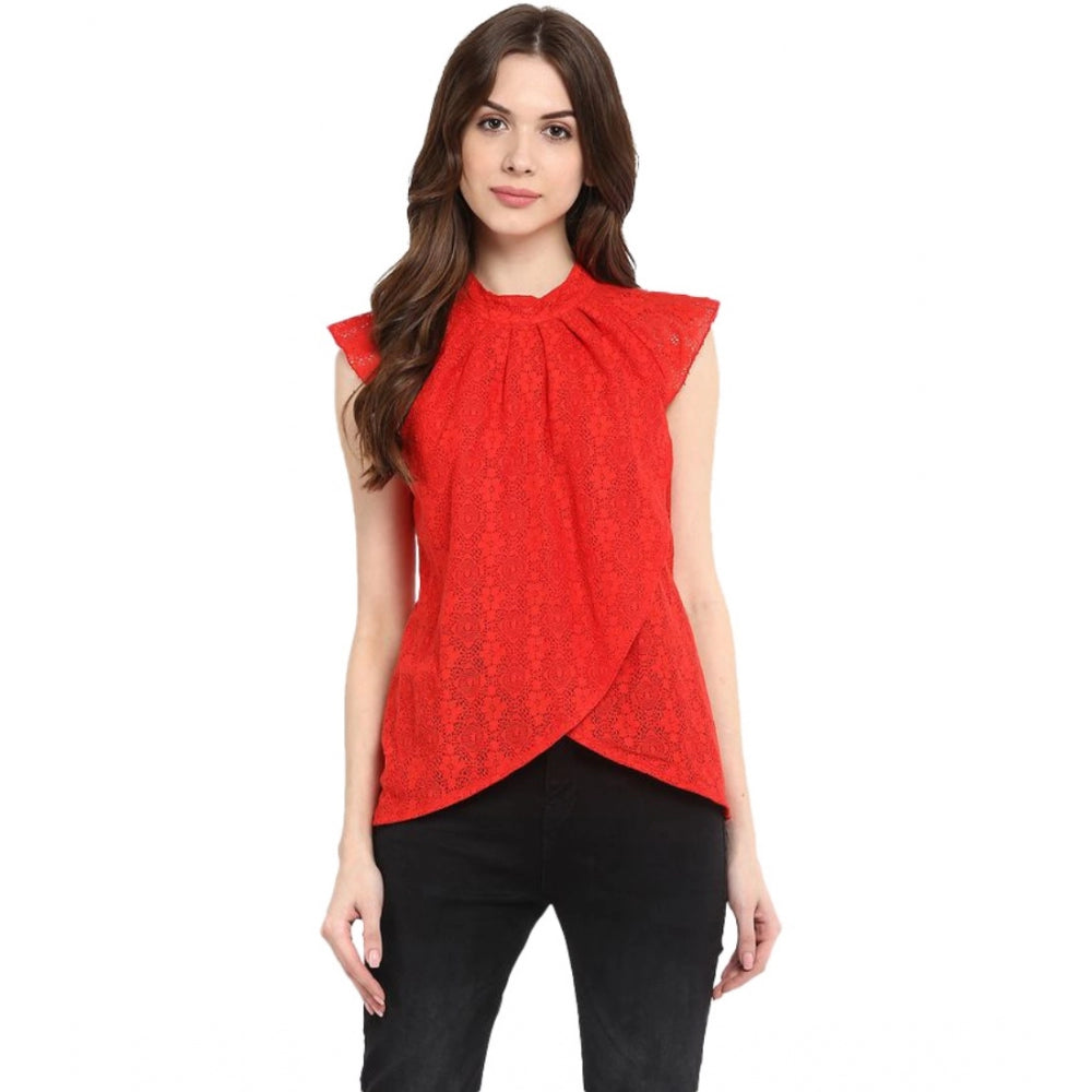 Generic Women's Cotton Lace Embellished Cap Sleeve Regular Top (Red)
