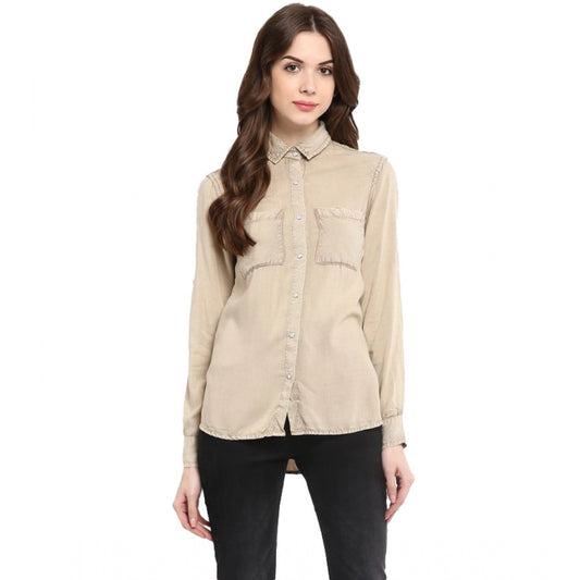 Generic Women's Rayon Solid Long Sleeves Standard Length Shirt (Beige)