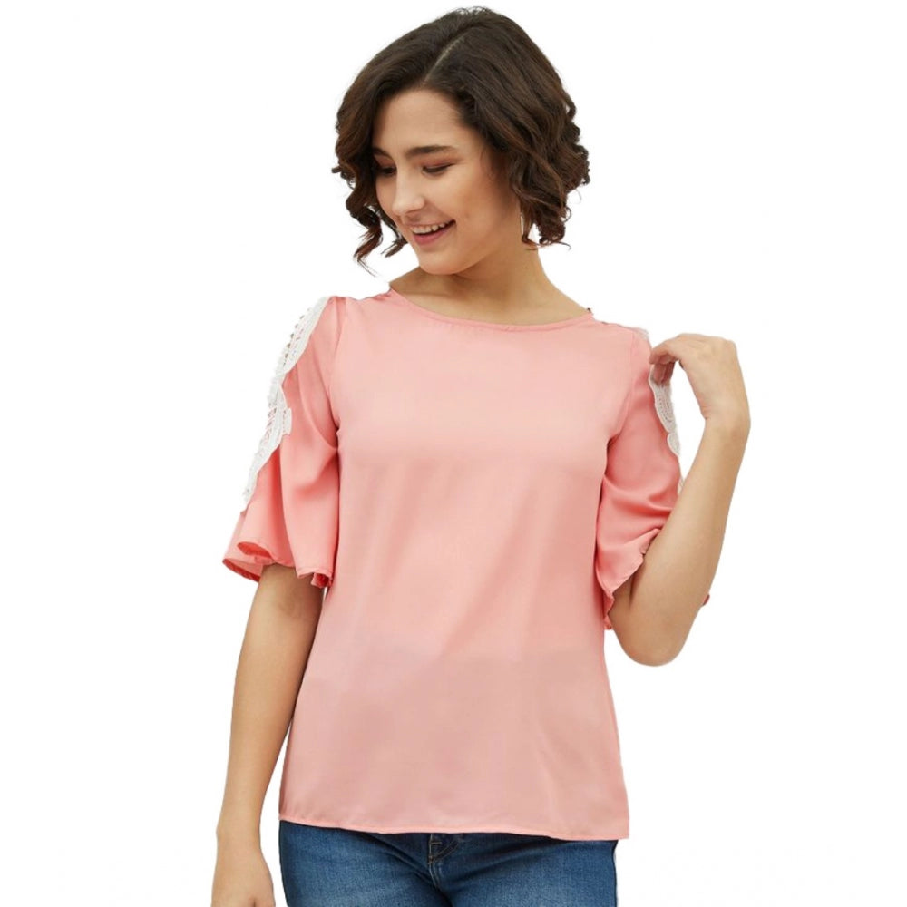 Generic Women's Polyester Lace Inserts Cold Shoulder Top (Pink)