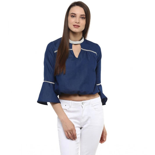 Generic Women's Polyester Solid Bell Sleeve Regular Top (Blue)