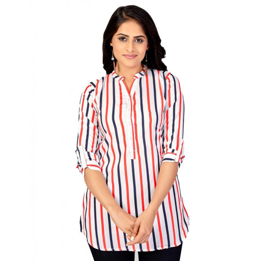 Generic Women's Poly Crepe Mandarin Collar 3/4 Sleeves Short Top (White)