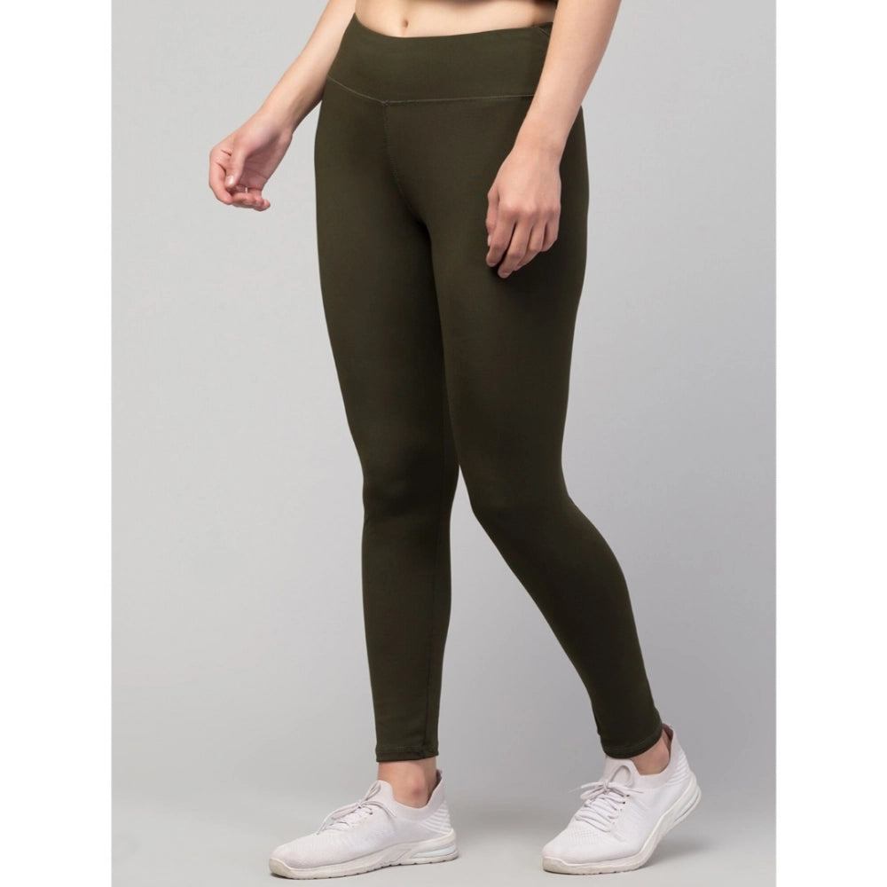 Generic Women's Polyester Solid Ankle Length High-Rise Tights (Olive)