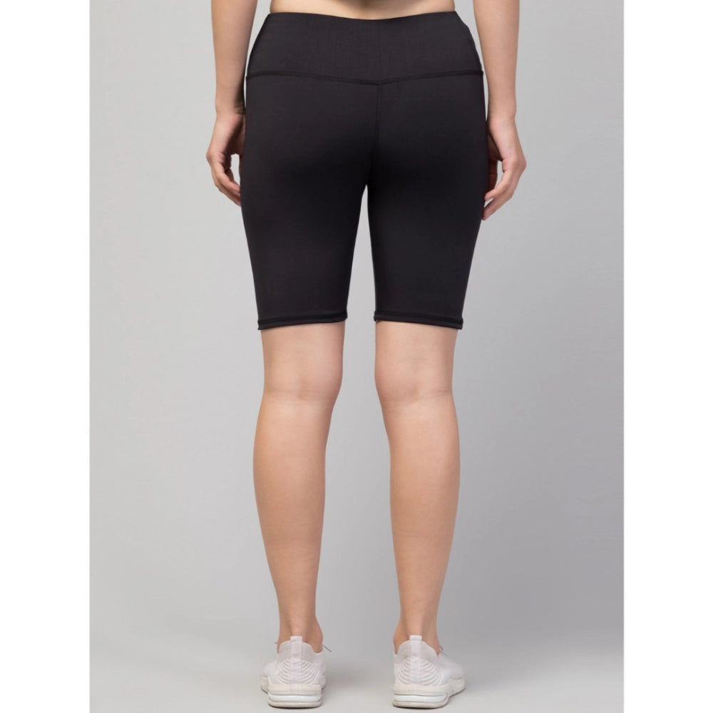 Generic Women's Polyester Solid Above Knee High-Rise Shorts (Black)