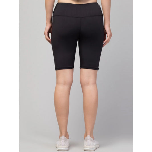 Generic Women's Polyester Solid Above Knee High-Rise Shorts (Black)