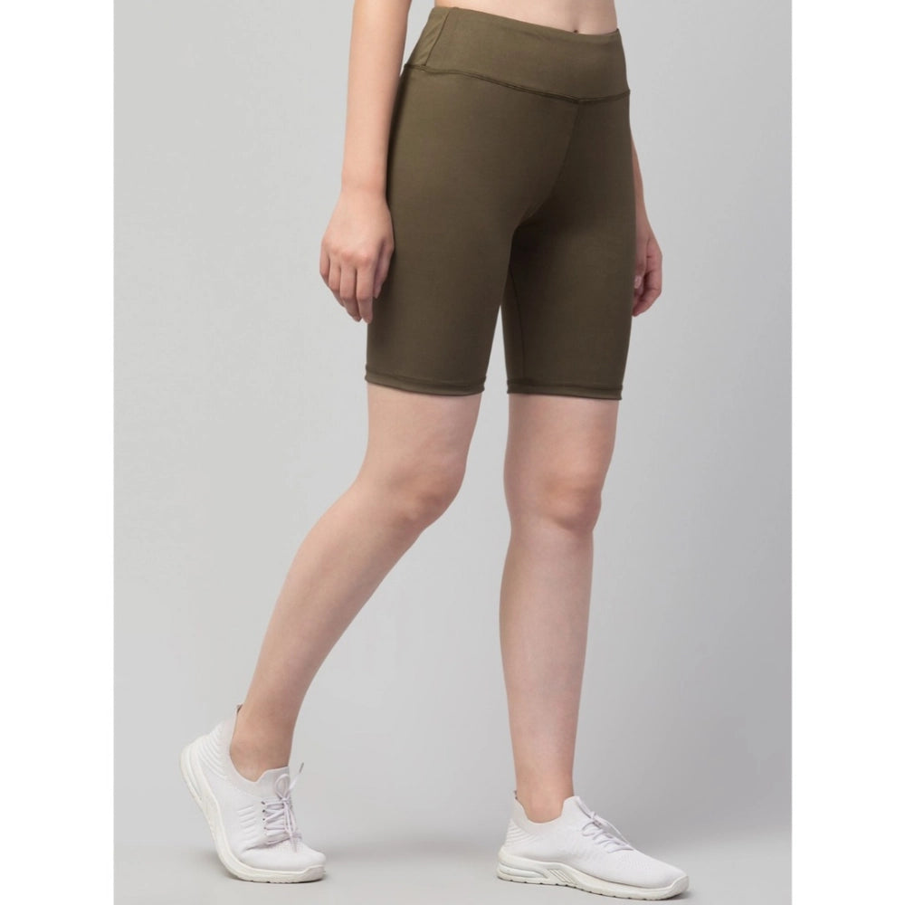 Generic Women's Polyester Solid Above Knee High-Rise Shorts (Olive)