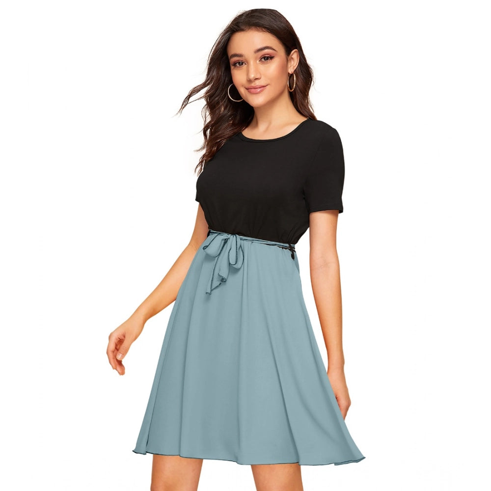 Generic Women's Knitting stretchable Solid Round Neck Cap Sleeve Dress (Pista)