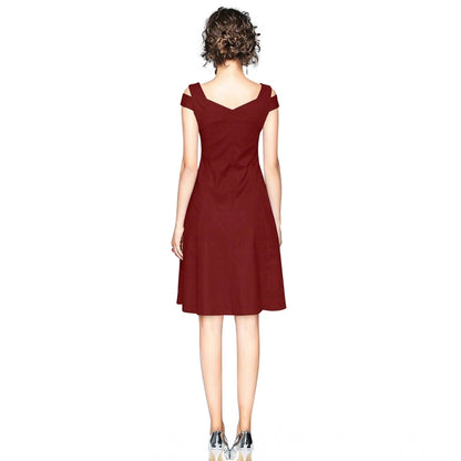 Generic Women's Polyester Solid V Neck Cap Sleeve off Shoulder Dress (Maroon)