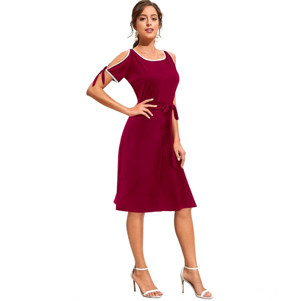 Generic Women's Knitting stretchable Solid Round Neck Sleeveless Dress (Maroon)