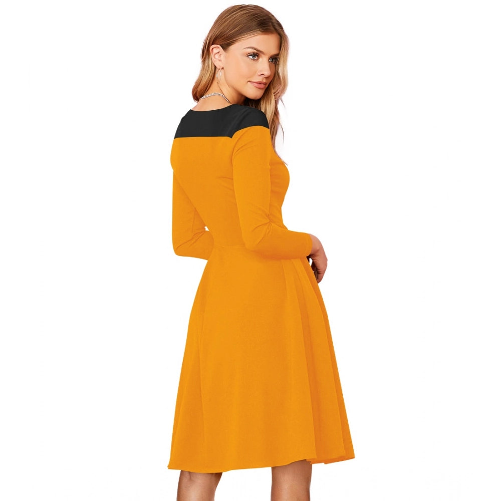 Generic Women's Knitting stretchable Solid Round Neck Full Sleeve Dress (Yellow)